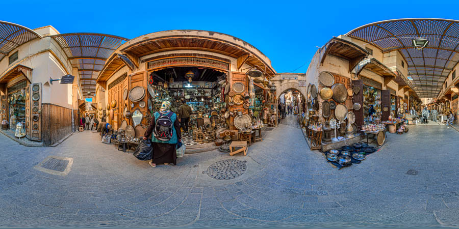 Traditional shops of Souk Sabaghine Morocco, Chefchaouen 360 panorama virtual tour