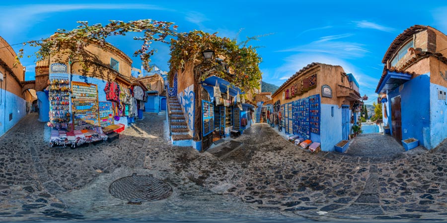 Street corner shops Calle Uatsien Morocco 360 panorama virtual tour