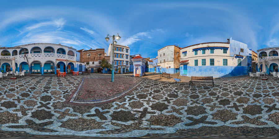 Plaza El Hauta fountain in Medina Morocco, Chefchaouen 360 panorama virtual tour